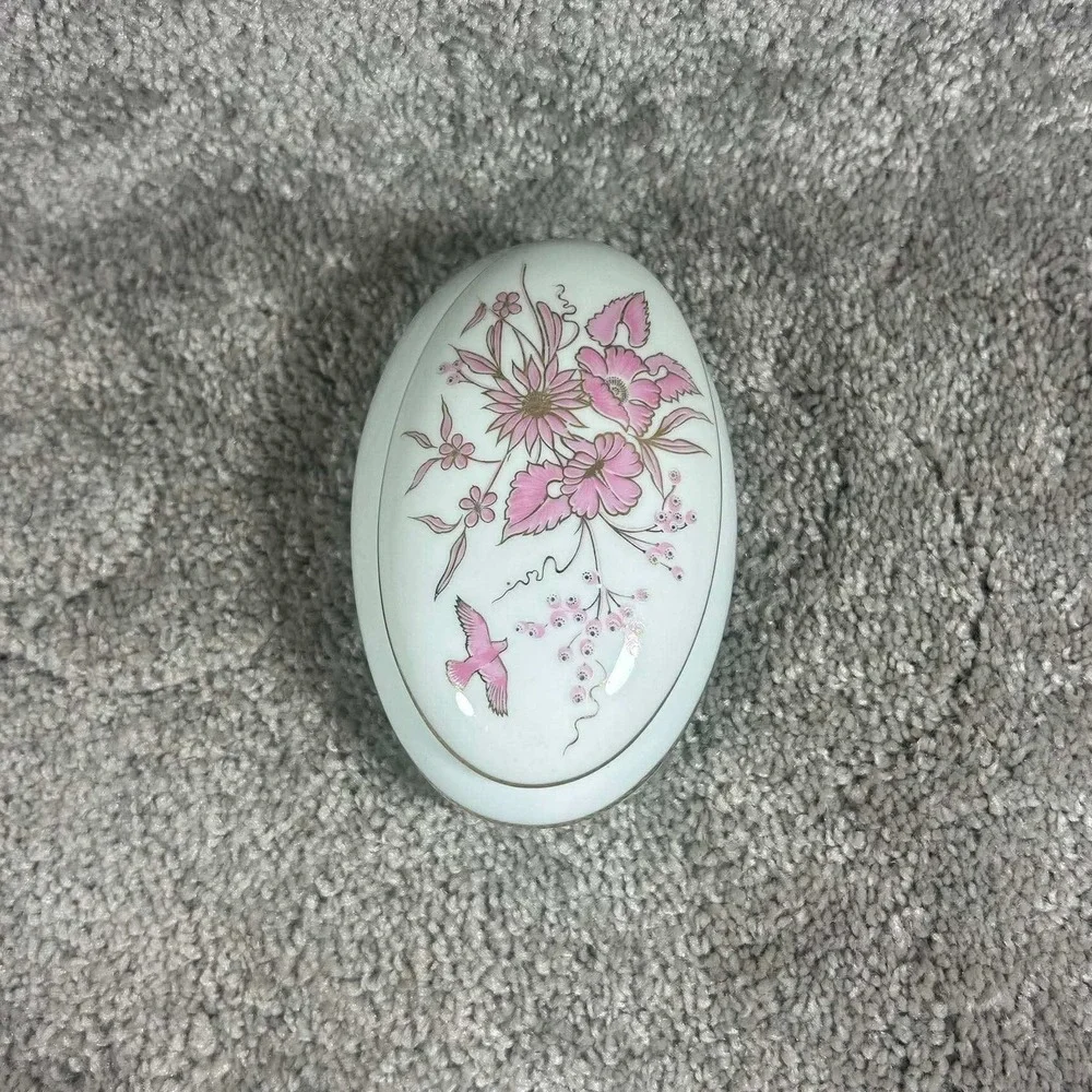 Reutter Porzellan Trinket Box White Pink Floral Bird Gold‎ Trim W Germany OS